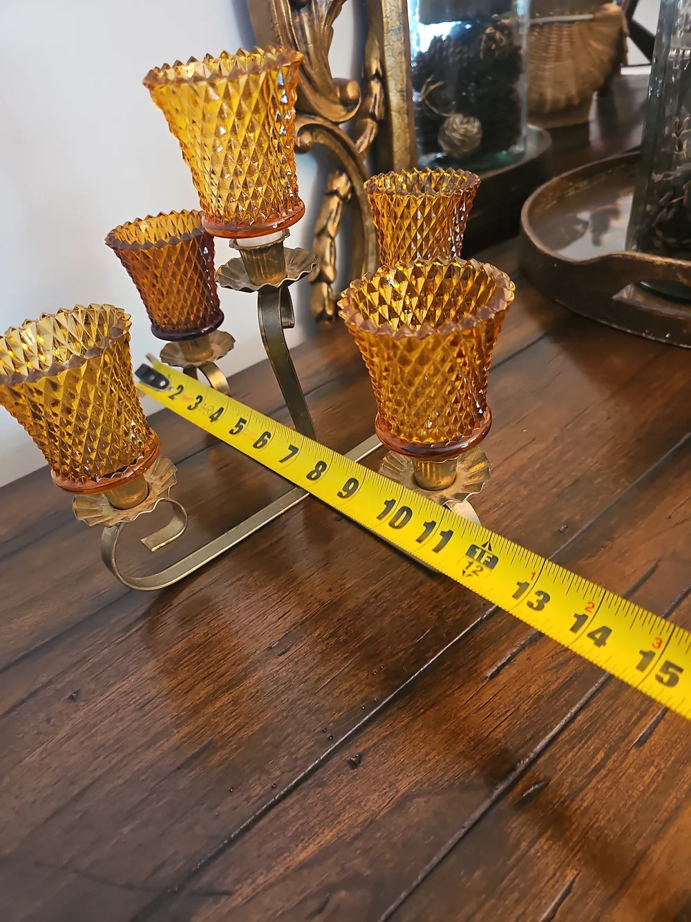 Vtge Amber Glass and Brass 5-Arm Candleholder Centerpiece  Unique With Votives.